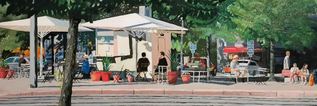 Oil painting Laajalahden Aukio at summer day, Helsinki